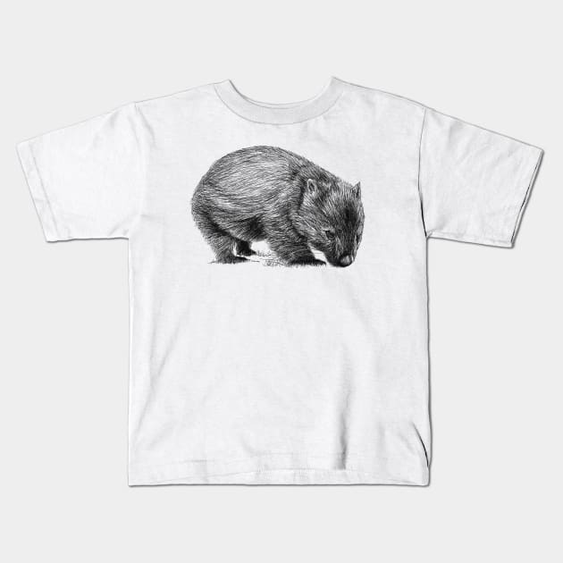 Wombat scientific nature black ink pen drawing illustration Kids T-Shirt by DamiansART